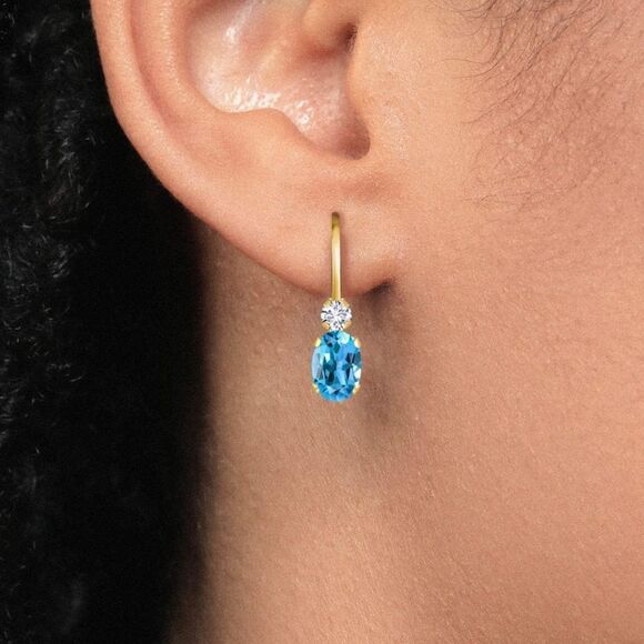 14K Yellow Gold with 1.07 Cttw Swiss Blue Topaz and Diamond Leverback Earrings - Picture 3 of 4